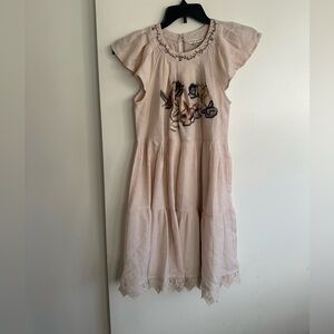 Moon River Kids Dress with Floral Embroidery in Light Pink